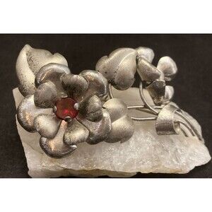 Vintage AT Signed Flower Brooch Pin Red Glass 925‎ Sterling Silver 20g Floral